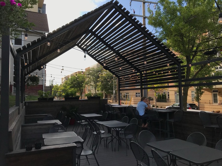The pergola over the patio at Finks, strung with festoon lights