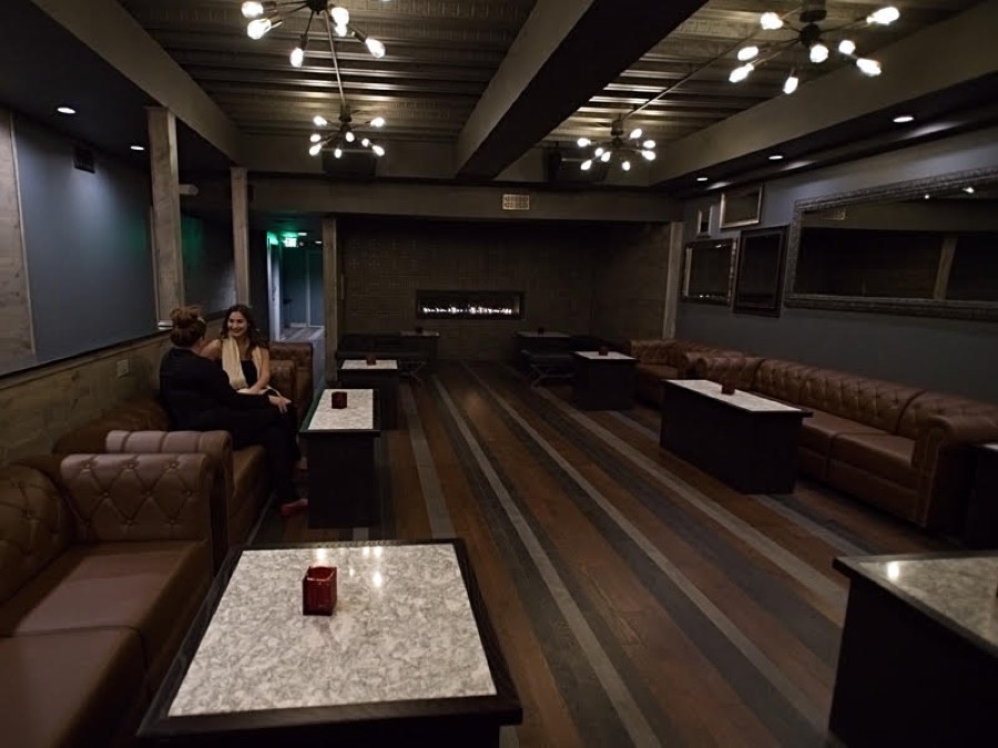 The Sofie — leather chesterfields down both walls, a long gas fire at the far end